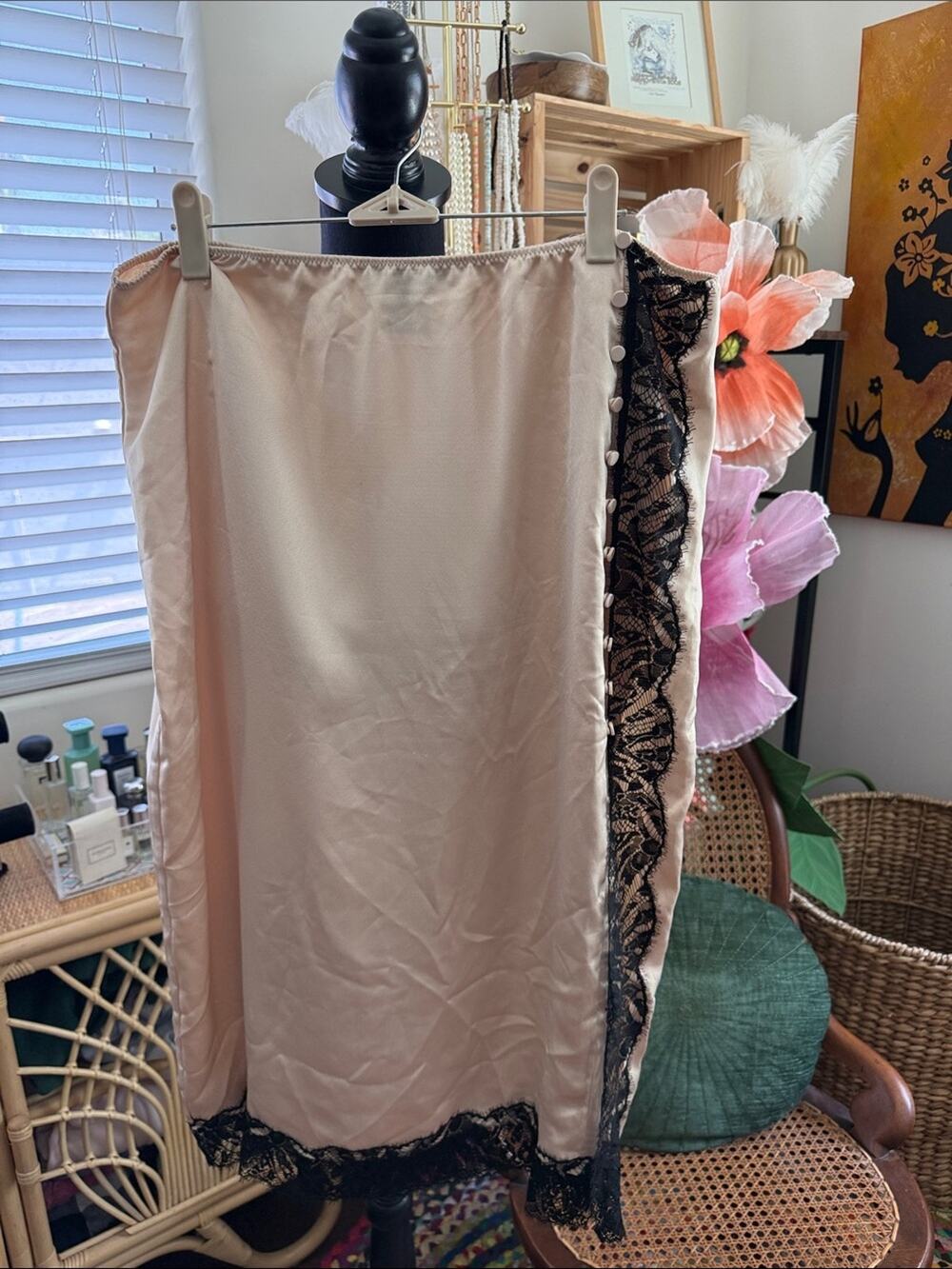 Victoria’s Secret Champagne Satin Black Lace Trim Romantic Grunge Slip Skirt